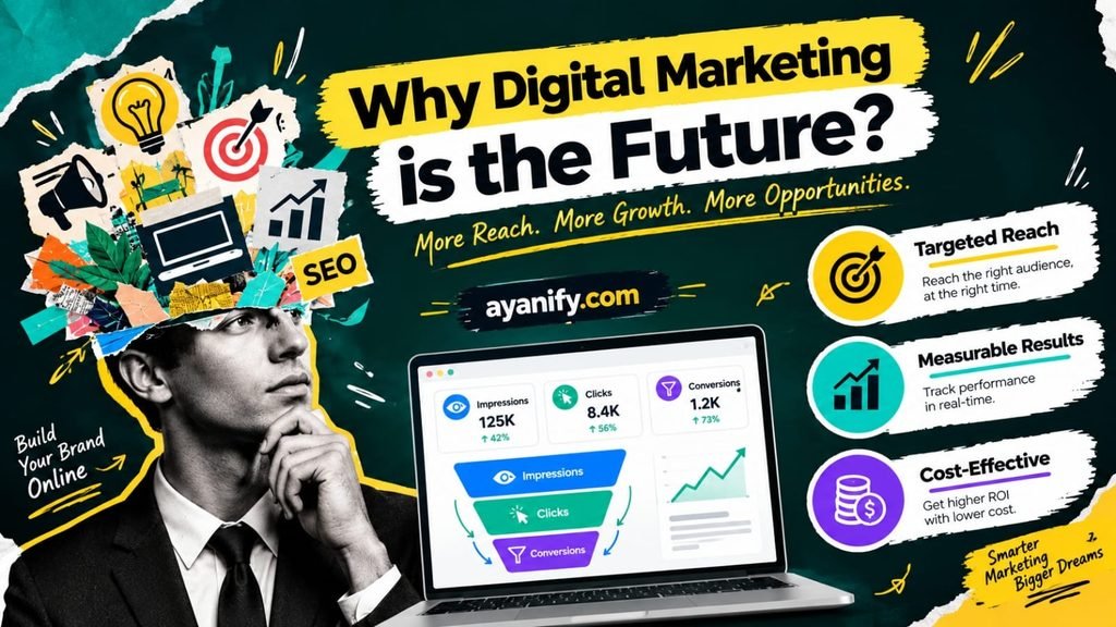 Digital marketing infographic showing targeted reach, measurable results, and cost-effective advertising with an analytics dashboard and laptop.
